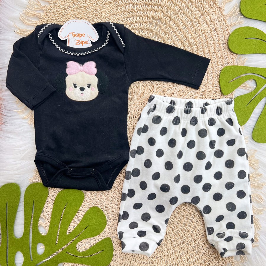  Conj. Body Cachorrinha de Laço Rosa e Calça Bolotas Pretas - Preto e Off White